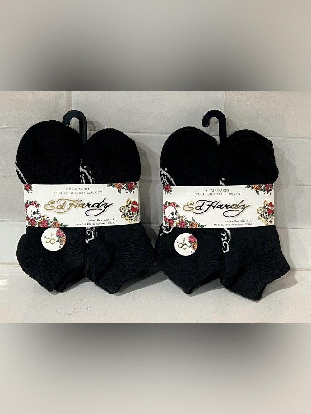 ED HARDY Black Full Cushioned Low Cut Socks 8 Pairs Womens 4-10 Y2K Pack - Lot 2